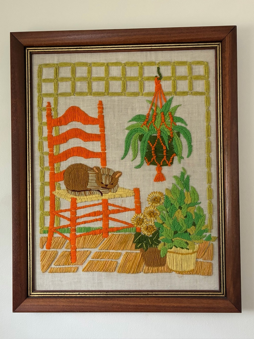 Vintage 1970’s Cat Crewel Embroidery Boho Art, framed 16” x 20”, Sunset Designs